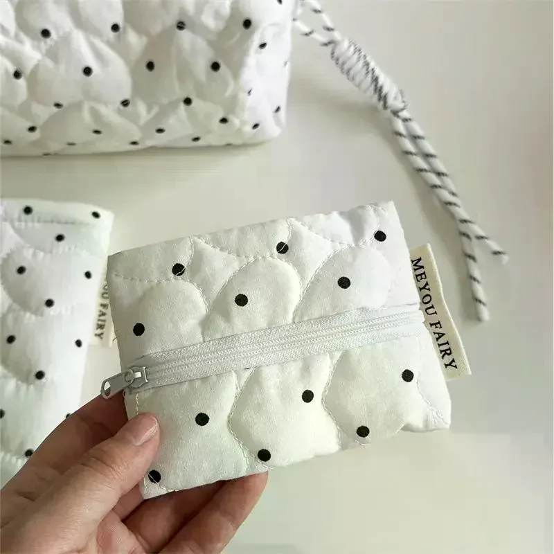 trousse de maquillage matelassée à pois pour femmes et filles, petite et grande, pour rouge à lèvres, pinceaux, cosmétiques, étui portable, mini portefeuille, porte-monnaie