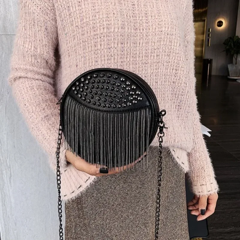 sac à bandoulière à franges de couleur pure, sac circulaire élégant et élégant pour femmes, sac de mode coréenne 2025, sac à bandoulière