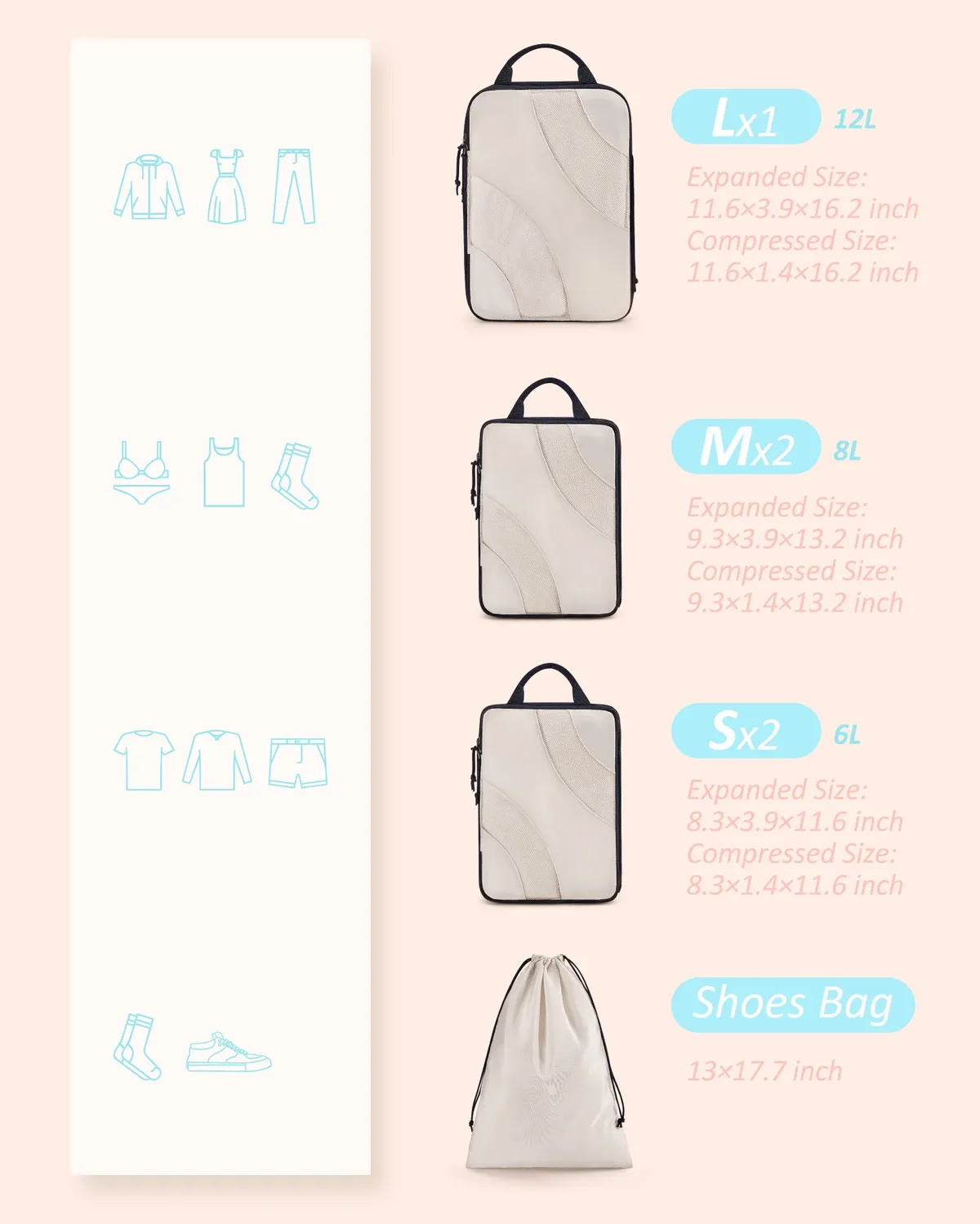 organisateur voyage polyester beige lignes ondulées cube sac chaussures pliable set six pièces compression transport