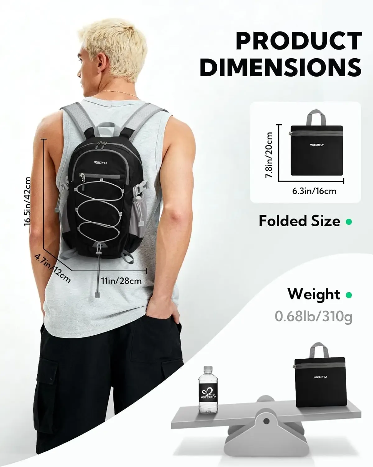 waterfly sac à dos pliable léger 15l : bandoulière respirante pour randonnée en plein air, camping, voyage, sac à dos pour hommes et femmes
