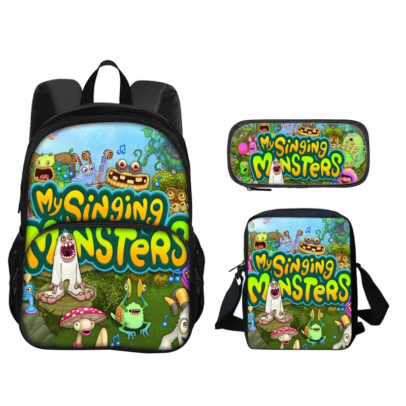sac à dos my singing monsters, sac à stylos, sac à bandoulière, ensemble de 3 pièces imprimé pour garçons et filles de maternelle et d'école primaire