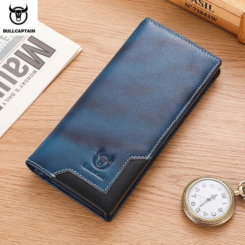 bullcaptain – sac à main long en cuir véritable pour hommes, fonction rfid, porte-carte de crédit, porte-monnaie en cuir, portefeuille multifonctionnel