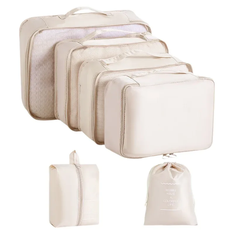 organisateur voyage tissu oxford beige clair grille transparente grande capacité rangement vêtements accessoires transports usage polyvalent domicile travail
