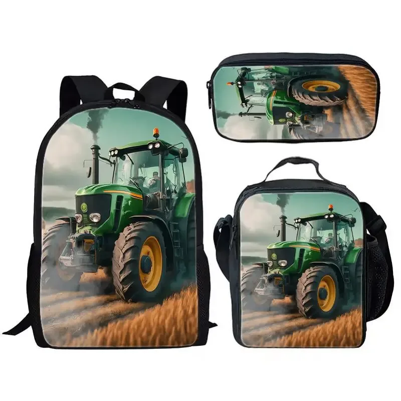 sac à dos tendance et populaire pour étudiants, motif simulateur d'agriculture avec tracteur imprimé en 3d, lot de 3 pièces : sac à dos pour ordinateur portable, sac à déjeuner et trousse à crayons