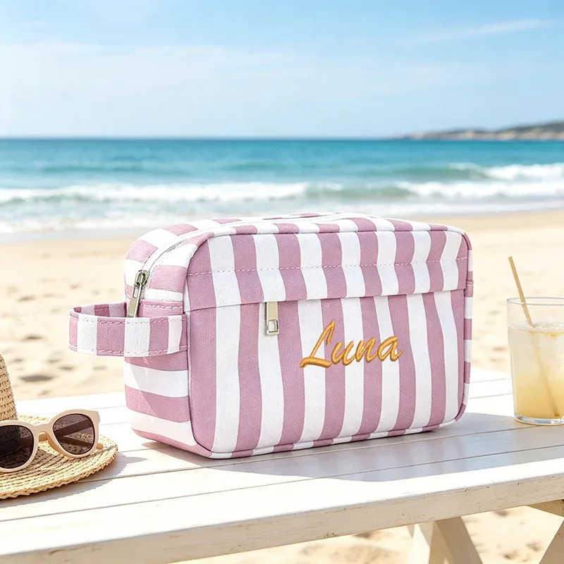 trousse de toilette rayée à double compartiment, portable pour les voyages, idéale pour les trajets quotidiens, les vacances, la plage, les fêtes, cadeaux créatifs, anniversaires, rentrée scolaire, remise des diplômes.