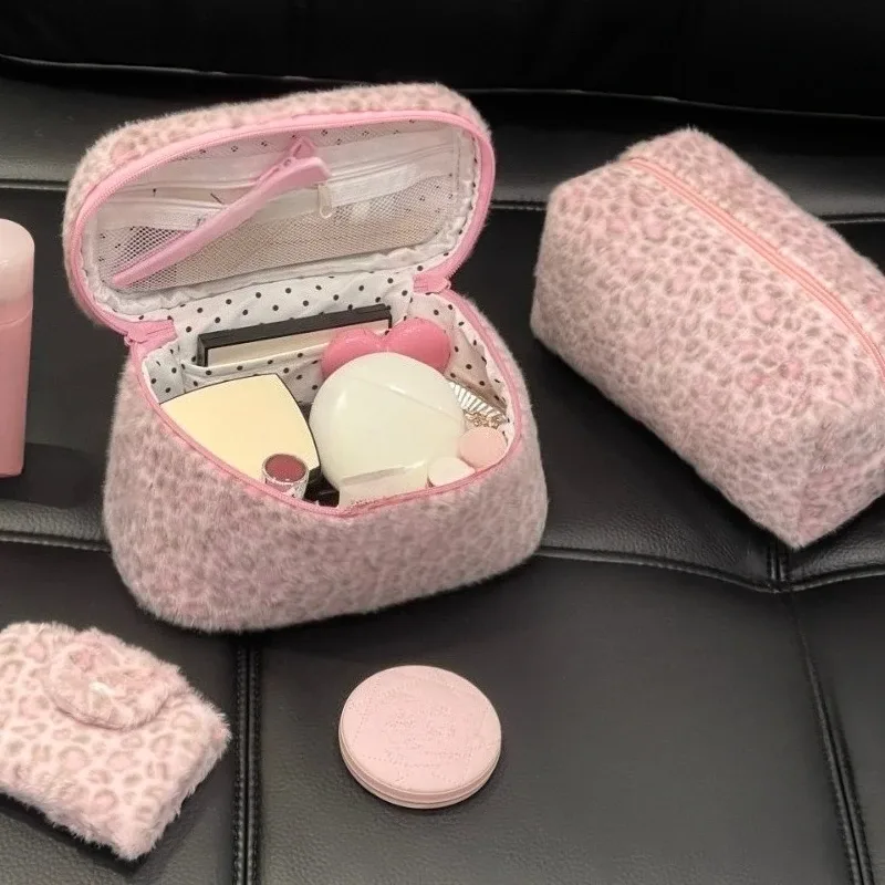 organisateur de toilette de voyage grande capacité, étui de rangement mignon, sac cosmétique imprimé léopard rose, trousse de maquillage pour femme, sac à main