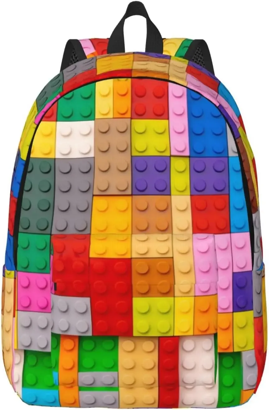 sac dos polyester motif carrés couleurs rouges jaunes verts bleus oranges poignées noires format 16 pouces usage voyage camping