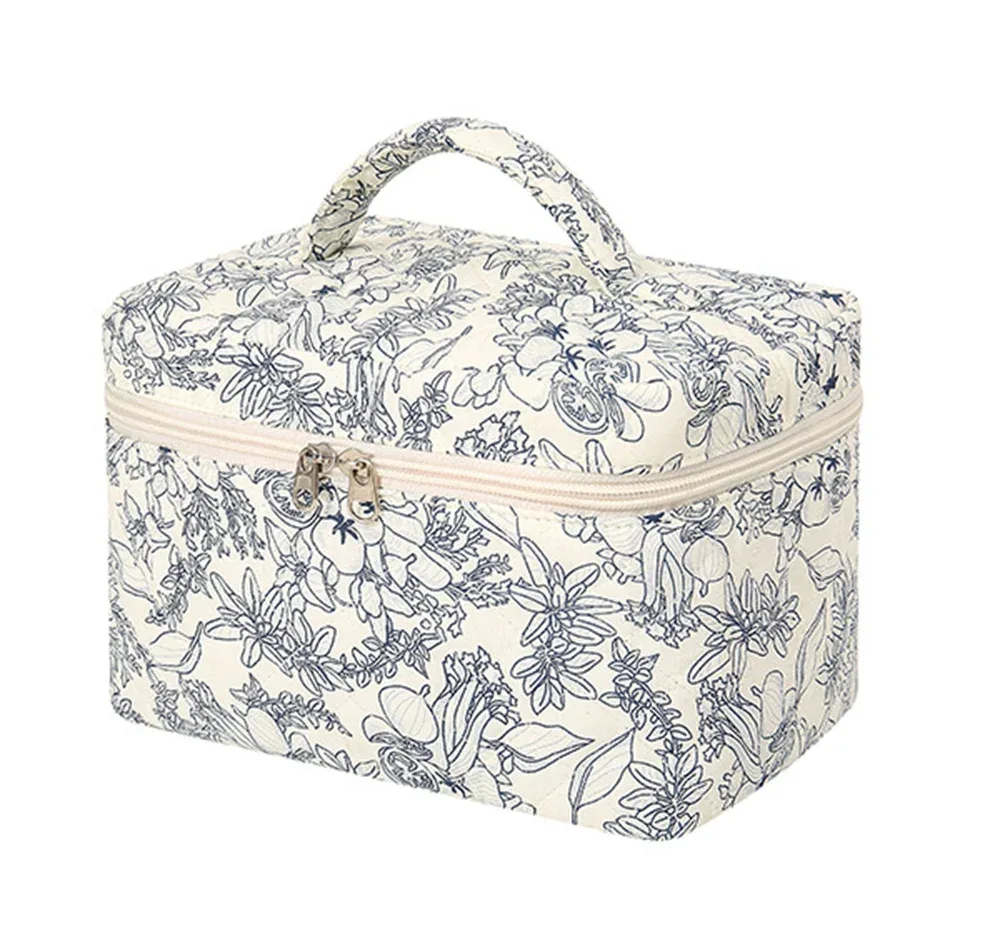 sac de maquillage à main avec nom brodé personnalisé, sac de rangement portable en coton floral de grande capacité, sac à cosmétiques de voyage en plein air