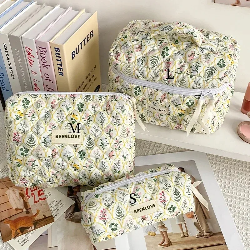 trousse de maquillage de grande capacité, trousse à cosmétiques imprimée de fleurs avec nœud, organisateur de toilette portable à fermeture éclair