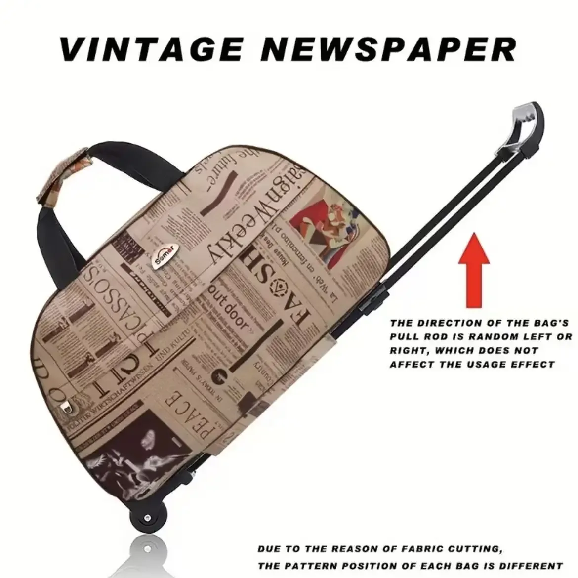 sac de voyage à roulettes, grande capacité, sac de voyage à roulettes vintage imprimé journal, sac de week-end, bagage à main