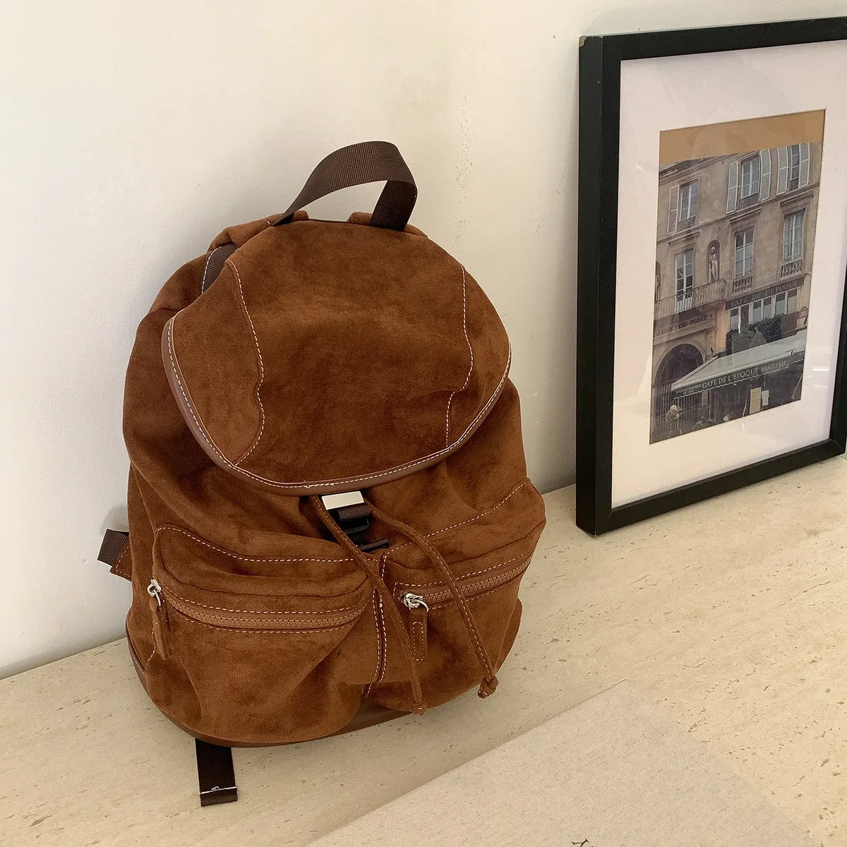 sac à dos à rabat avec cordon de serrage de style coréen, sac d'hiver vintage en daim de grande capacité à la mode, sac à bandoulière polyvalent pour voyage