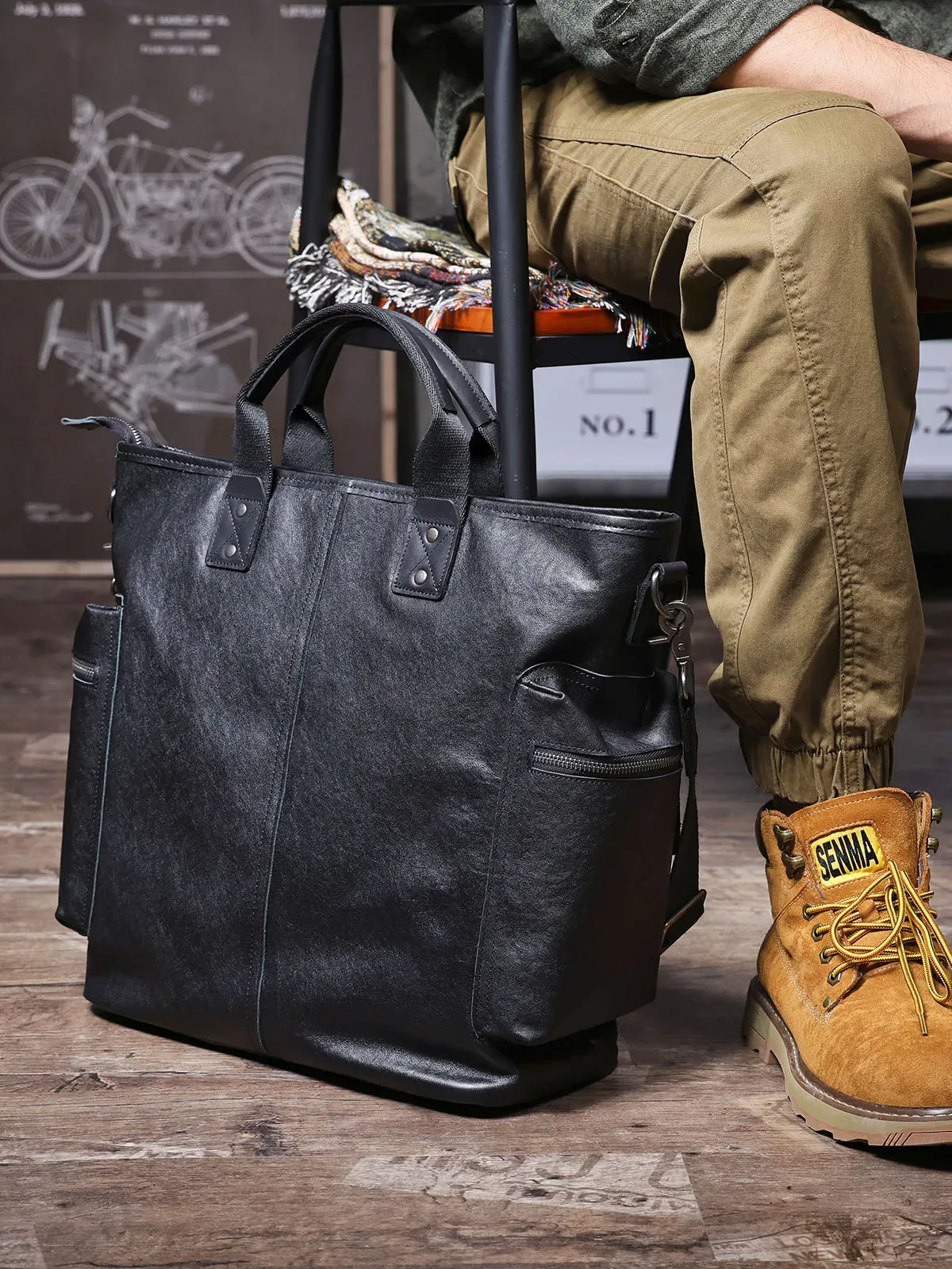 pndme designers fait à la main en cuir de vachette tanné végétal hommes porte-documents noir en cuir véritable femmes grande capacité sac à main pour ordinateur portable
