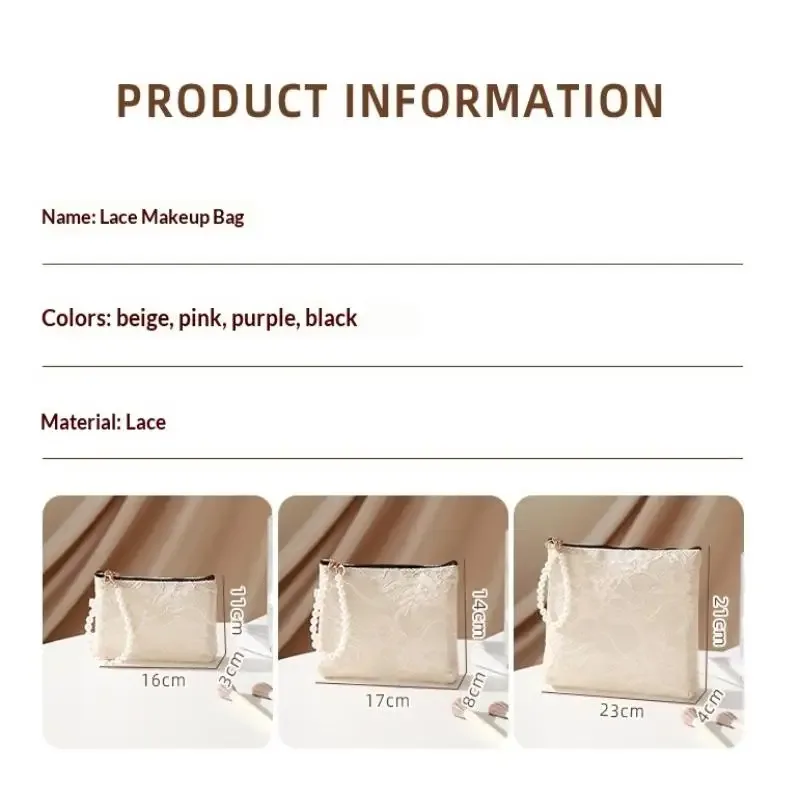 pochette cosmétique en dentelle avec sangle de poignet en perles et design semi-transparent, idéale pour le rangement quotidien du maquillage et les voyages