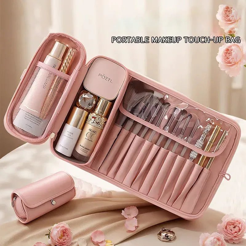 organisateur de pinceaux de maquillage pour femmes, pochette de rangement de maquillage de voyage étanche, trousse à cosmétiques portable de grande capacité
