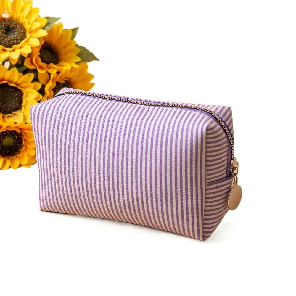 sac de maquillage rayé mignon, fermeture à glissière, pochette de toilette en tissu seersucker souple, trousse à crayons polyvalente de grande capacité, usage quotidien