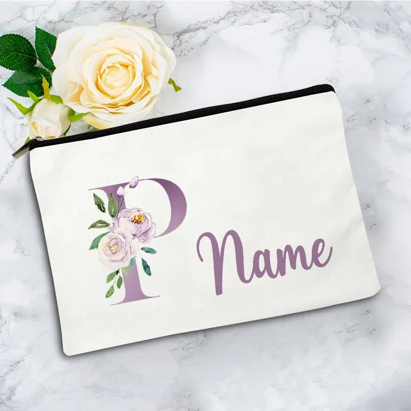 pochette de maquillage personnalisée violette à 26 motifs floraux, sac de toilette pour articles de voyage, cadeau de mariage ou d'anniversaire avec nom personnalisé