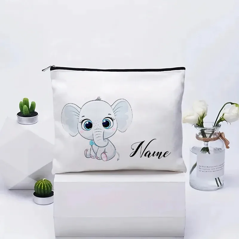 vente flash : grande trousse à maquillage en toile avec motif d'éléphant mignon, essentiels de voyage pour anniversaire d'enfants, trousse de maquillage avec nom personnalisé