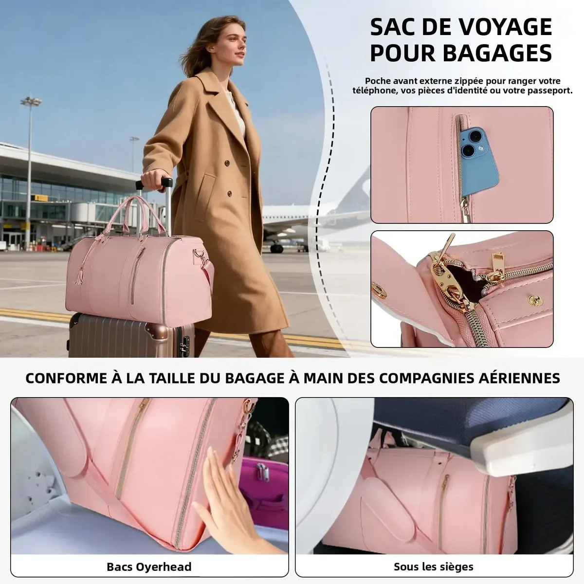 sac voyage polyester rose marron pliable extensible femelle polyvalent grande capacité résistant eau hand bagage fitness voyage suit storage