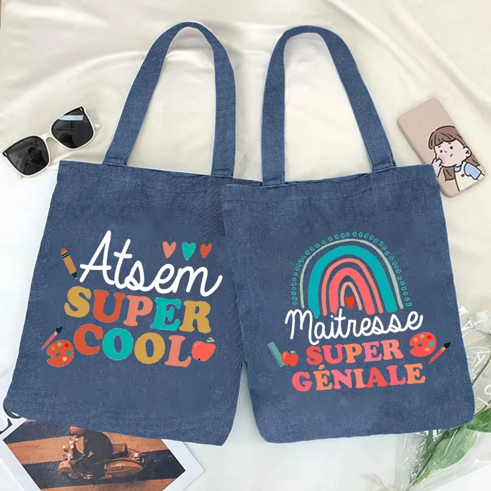 sac fourre-tout en jean imprimé super atsem maitresse, sacs de shopping pour femme, sacs de voyage, cadeau de remerciement pour la fête des enseignants et les diplômés