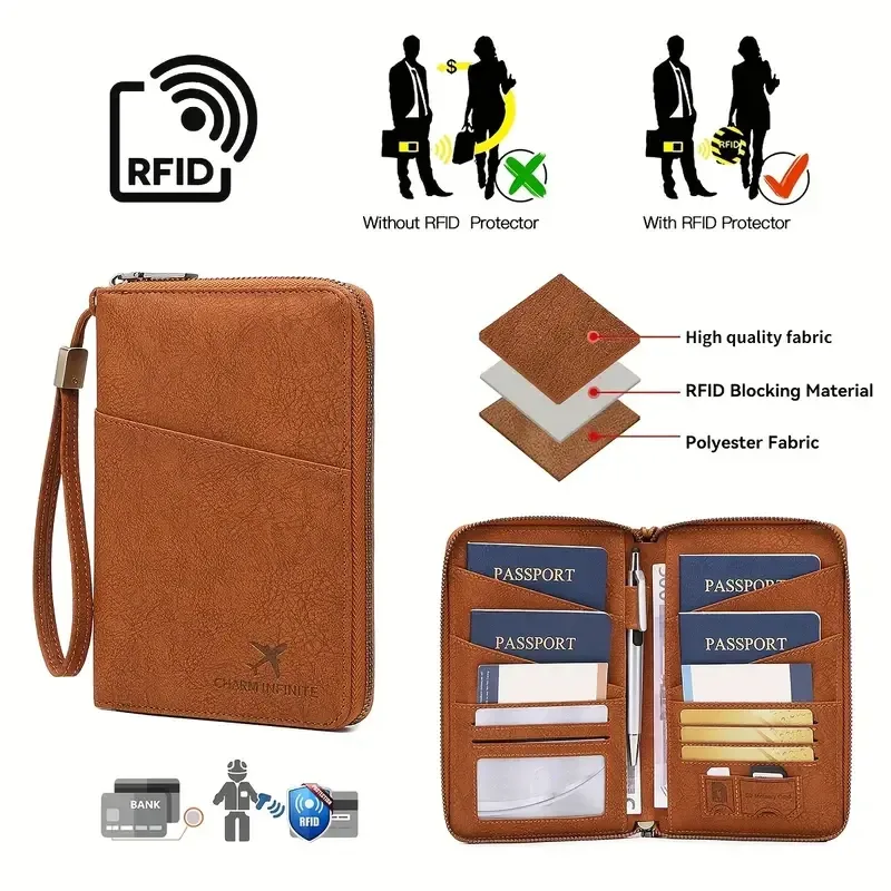 nouveau porte-passeport de voyage antivol rfid, unisexe, grande capacité, avec fermeture éclair, porte-documents, sac de rangement multifonctionnel