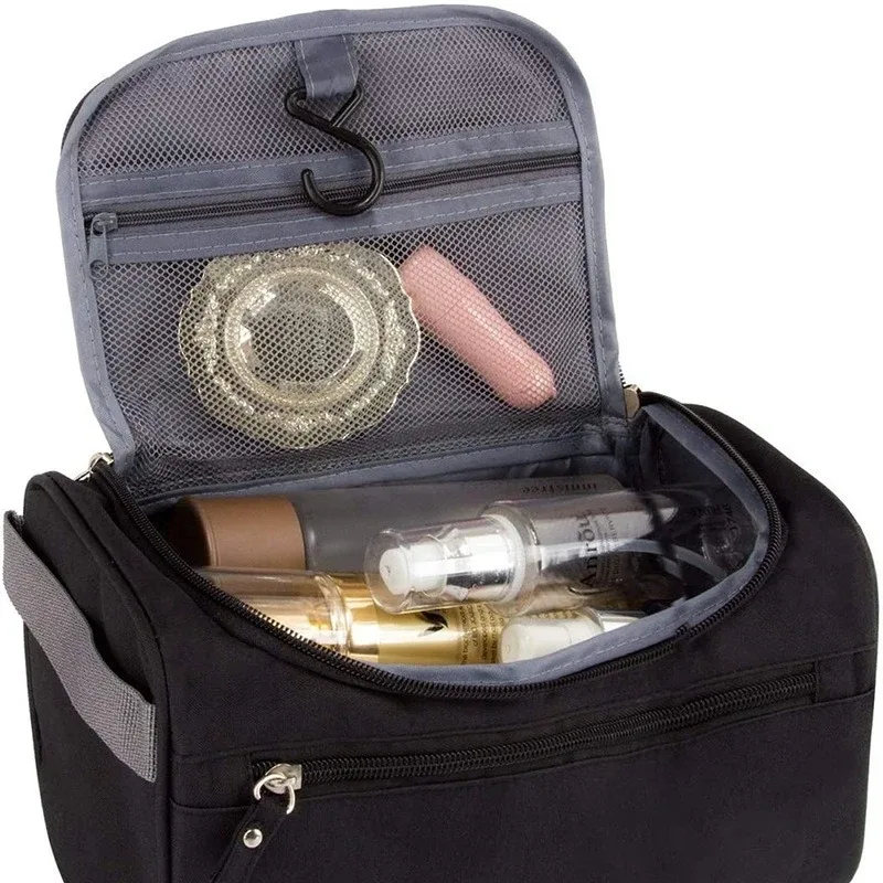 sac de rangement pour articles de toilette et cosmétiques de grande capacité, idéal pour les personnes pressées, multifonctionnel avec crochet et fermeture éclair imperméable.