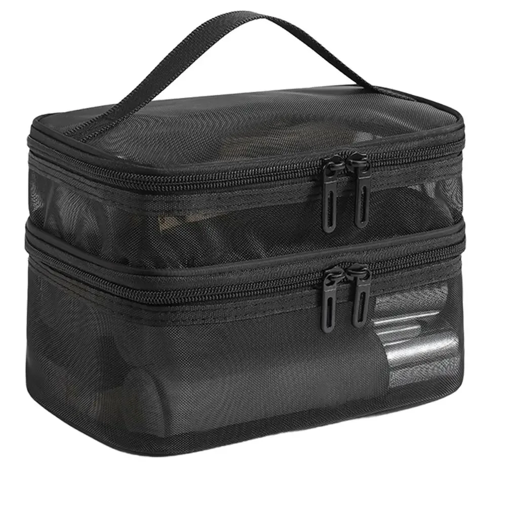 sac à cosmétiques en maille double couche, organiseur de maquillage de voyage, pochette à maquillage transparente à double ouverture, trousse de toilette portable imperméable pour femmes