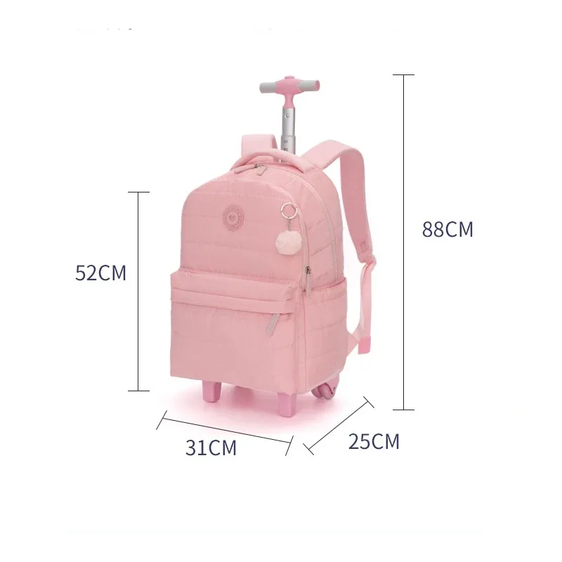 sac dos polyester rose compartiment principal roues intégrées poches latérales sacs école filles voyage