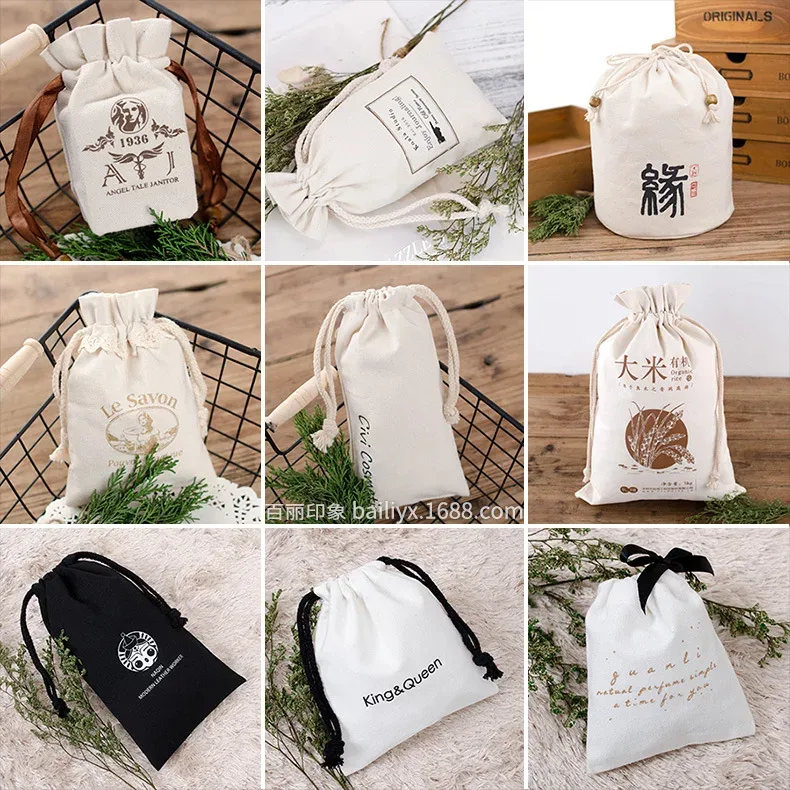 sac d'emballage en toile de coton et polyester avec cordon de serrage, personnalisable avec logo, blanc uni, pour cadeaux et rangement