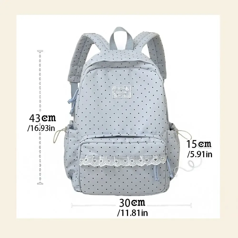 sac à dos à pois élégant avec nœud minimaliste et bordure en dentelle, grande capacité, léger, pour étudiants, école et voyage