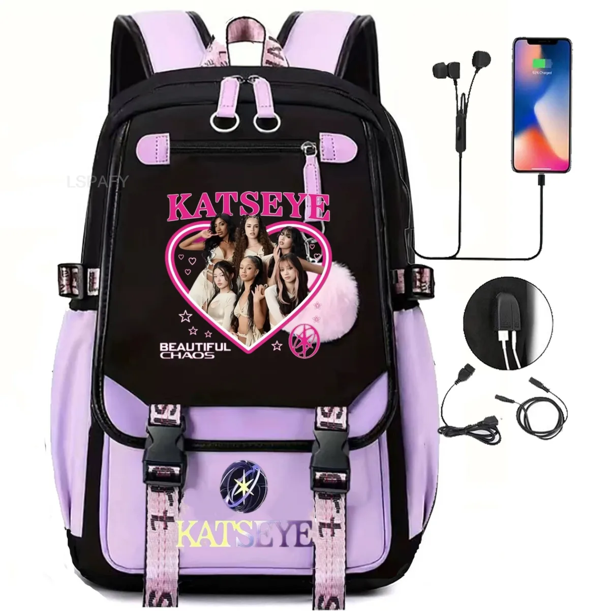 sac à dos multicolore katseye, patchwork, grande capacité, sac à dos de voyage, mochila, sac à dos pour femme, sac à dos en toile, sac à dos pour ordinateur portable, sacs d'école