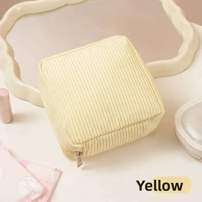 sac de maquillage mignon en velours côtelé pour femmes, petit sac de voyage portable, sacs cosmétiques de couleur unie, sac de toilette à fermeture éclair, pochette de rangement