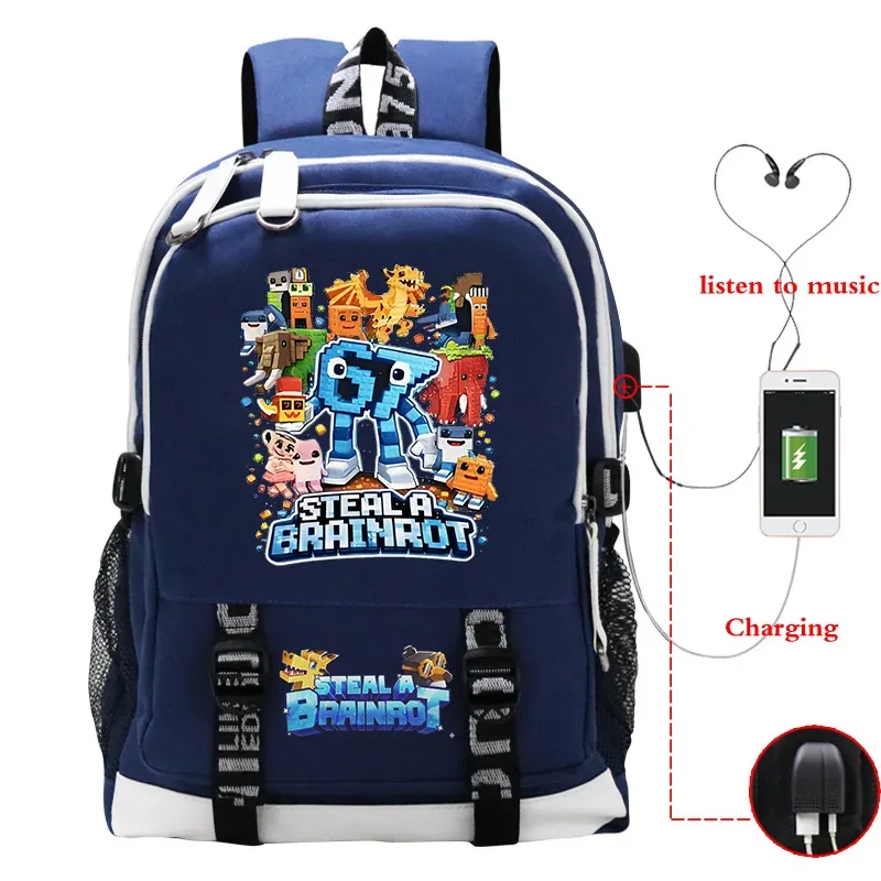 sac à dos steal a brainrot avec chargement usb, sac à dos pour étudiants, sacs d'école imprimés 67 six seven, sac à dos de voyage pour adolescents, sac à dos pour hommes