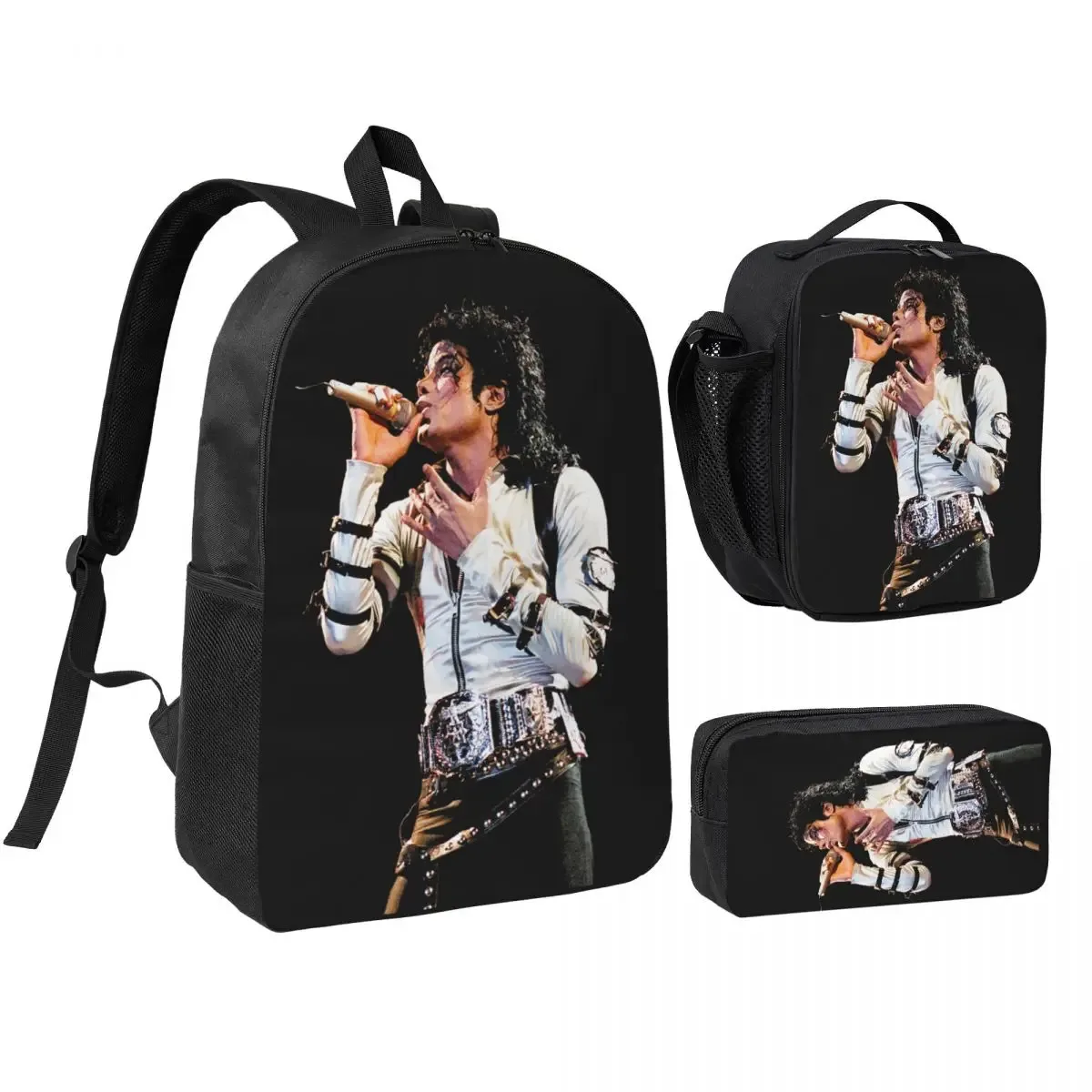 sac à dos mj pop king 3 pièces/ensemble pour étudiant, sac à bandoulière, sac à déjeuner, trousse à crayons