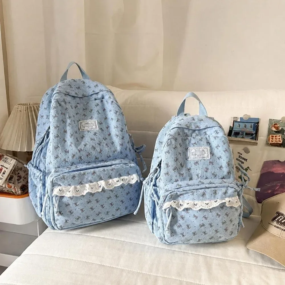 sac à dos en velours côtelé de style coréen, style preppy, grande capacité, sac à dos pour étudiants, bordure en dentelle, nœud papillon, motif à pois
