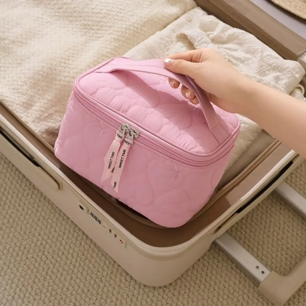 grande trousse de maquillage pour femmes, imprimé cœur, imperméable, sac de toilette de voyage, sac de rangement pour cosmétiques à double fermeture éclair, portable