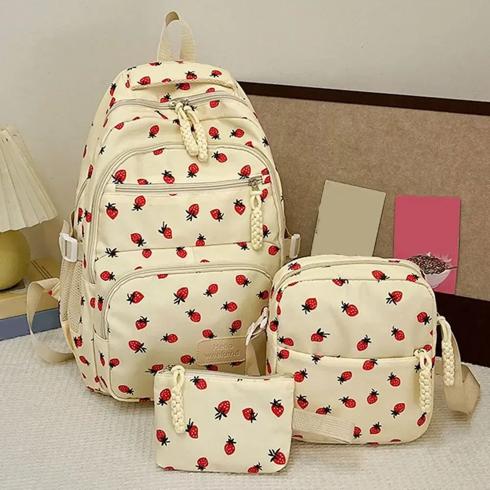 Sac à dos en velours côtelé, ensemble de trois pièces, imprimé fraise, sac à dos quotidien décontracté, Niche, grande capacité, sac à dos léger pour les déplacements