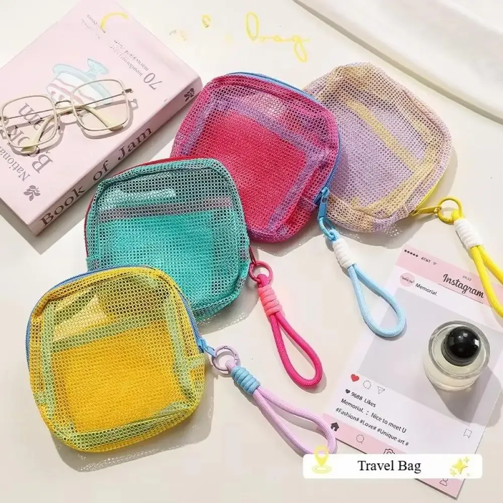 pochette en maille aux couleurs dopamine, portable pour voyage, pour câble de charge, articles de toilette, mini pochette de rangement en maille, sac cosmétique en maille, porte-clés, porte-cartes