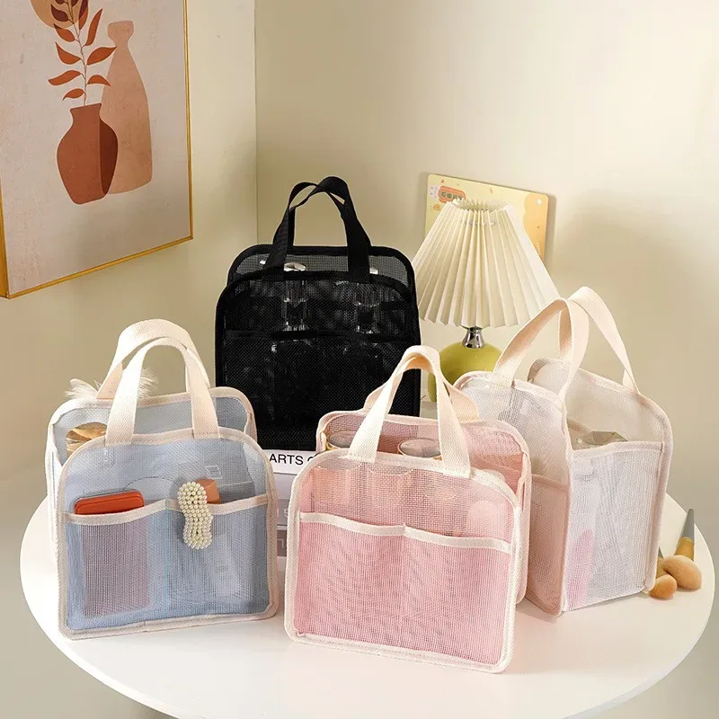 pochette de rangement portable, sac à cosmétiques en maille multi-usages, organisateur de maquillage respirant, trousse de toilette transparente pour la douche