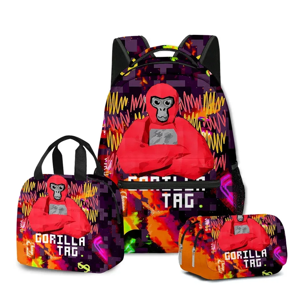 sac à dos d'école pour étudiants, sac à dos portable pour ordinateur portable, sac à déjeuner portable, trousse à crayons, imprimé 3d, motif gorilla classique, populaire et amusant, 3 pièces/ensemble
