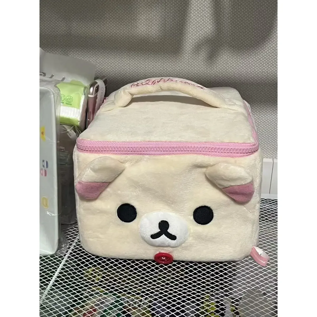 adorable dessin animé rilakkuma sœur tête d'ours en peluche carré 3d trousse de maquillage organisateur de toilette portable