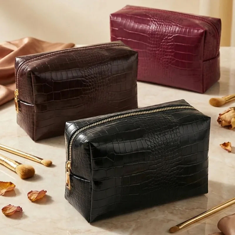 pochette de maquillage en pu gaufré crocodile pour femmes, étanche, structurée, organiseur de rangement haut de gamme non pliable