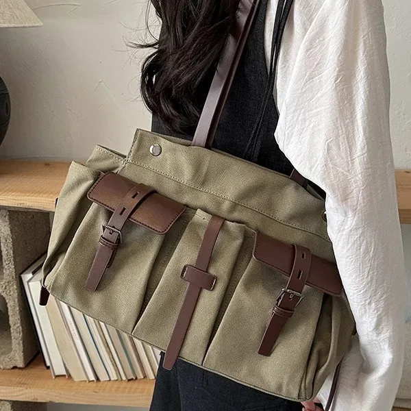 grand sac fourre-tout décontracté en toile pour femme, sac à bandoulière grande capacité, sac à main vert armée adapté à tous les adultes, idéal pour les trajets quotidiens