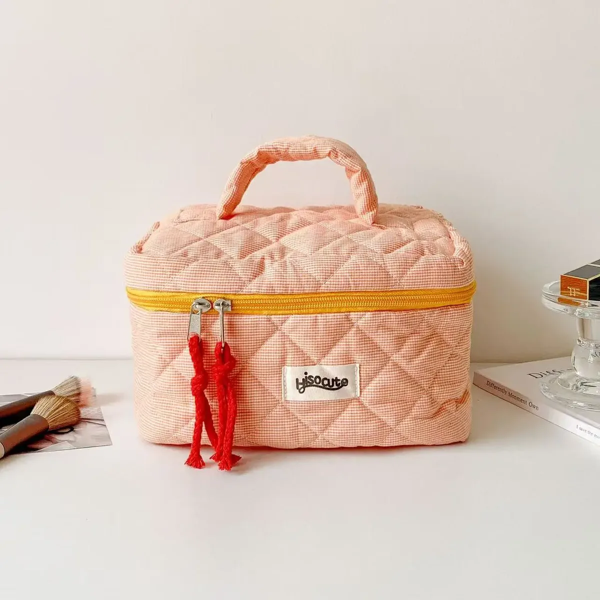 organisateur voyage nylon fermeture éclair motifs géométriques couleurs pastel grande capacité sac rangement cosmétiques usage voyage