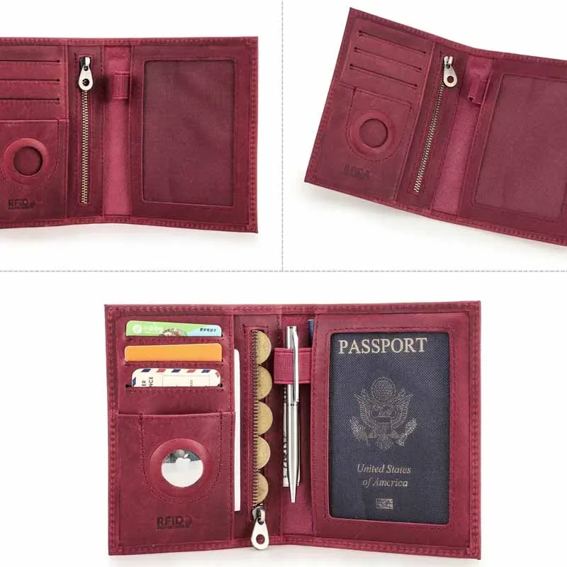 porte-passeport en cuir de vache véritable avec étui airtag-portefeuille de voyage bloquant rfid, poche anti-perte et porte-carte pour hommes et femmes