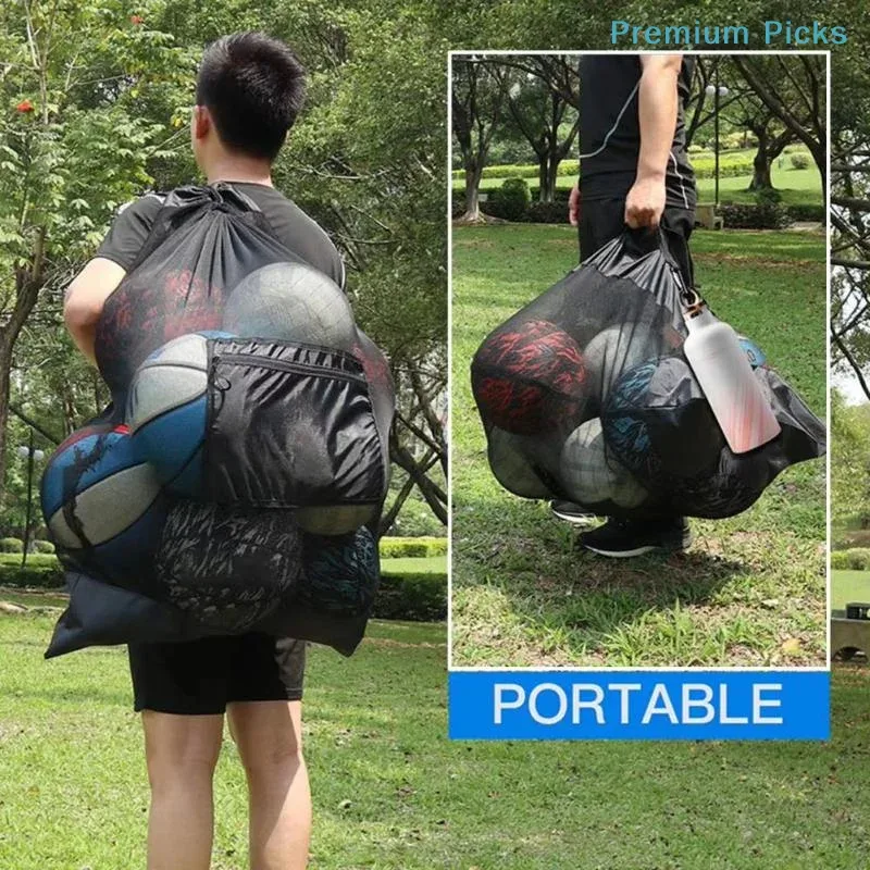 sac de sport portable 1 pièce, très grand, en maille, avec cordon de serrage et poche zippée, pour le football, le basketball, le volleyball.