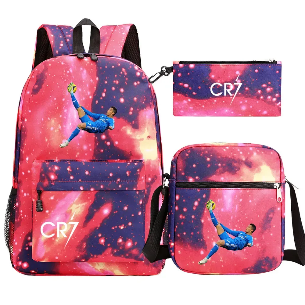 football star cr7 3 pièces garçon fille retour à l'école livre sacs, étudiant sac à bandoulière porte-crayon sac à dos, adolescents mochila hommes femmes
