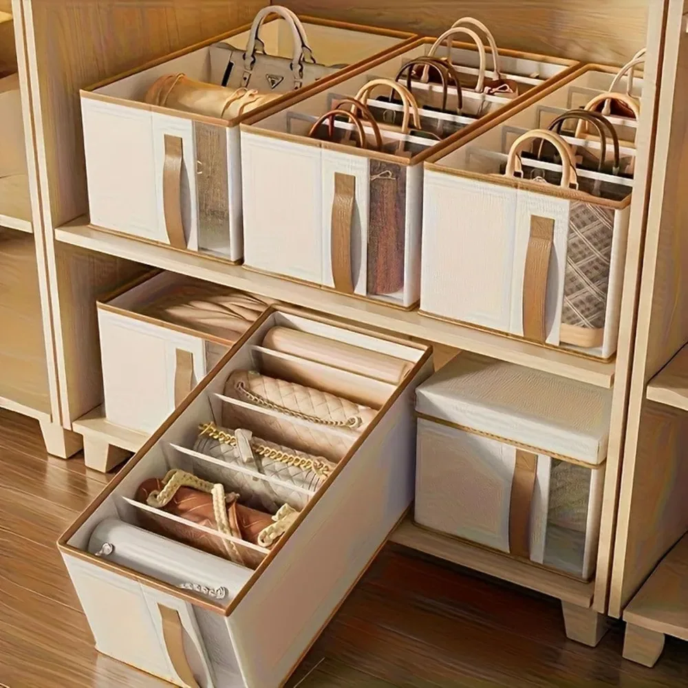 organisateur de sac à main transparent pour placard, boîte de rangement anti-poussière avec séparateurs et poignées en cuir pu, gain de place, présentoir de boutique