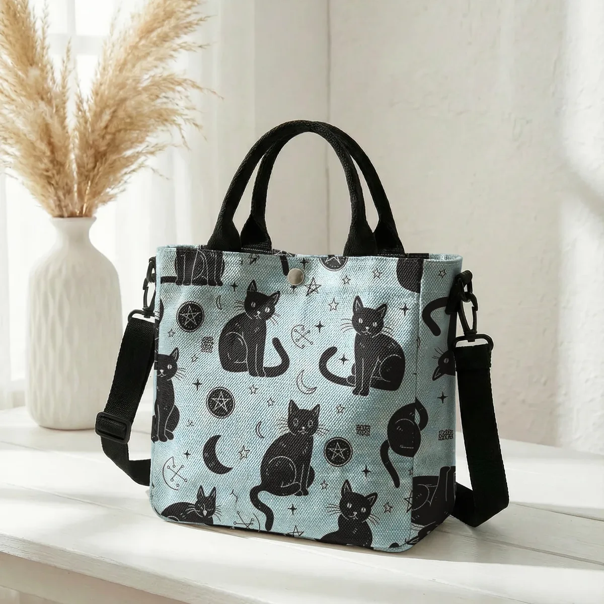 sac fourre-tout en toile rose imprimé lune et étoiles avec chat noir sorcière, bandoulière détachable, sac à main bandoulière pour femme, idéal pour le shopping quotidien