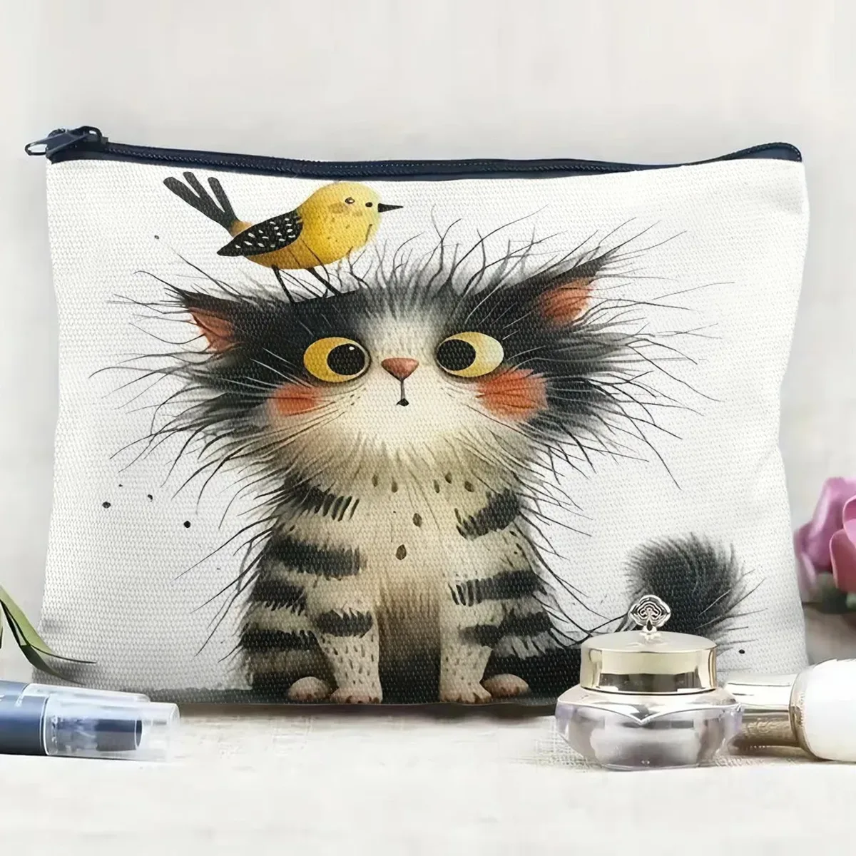 trousse polyester chats scène salon floral bleu noir beige voyage cosmétiques toile légère pliante