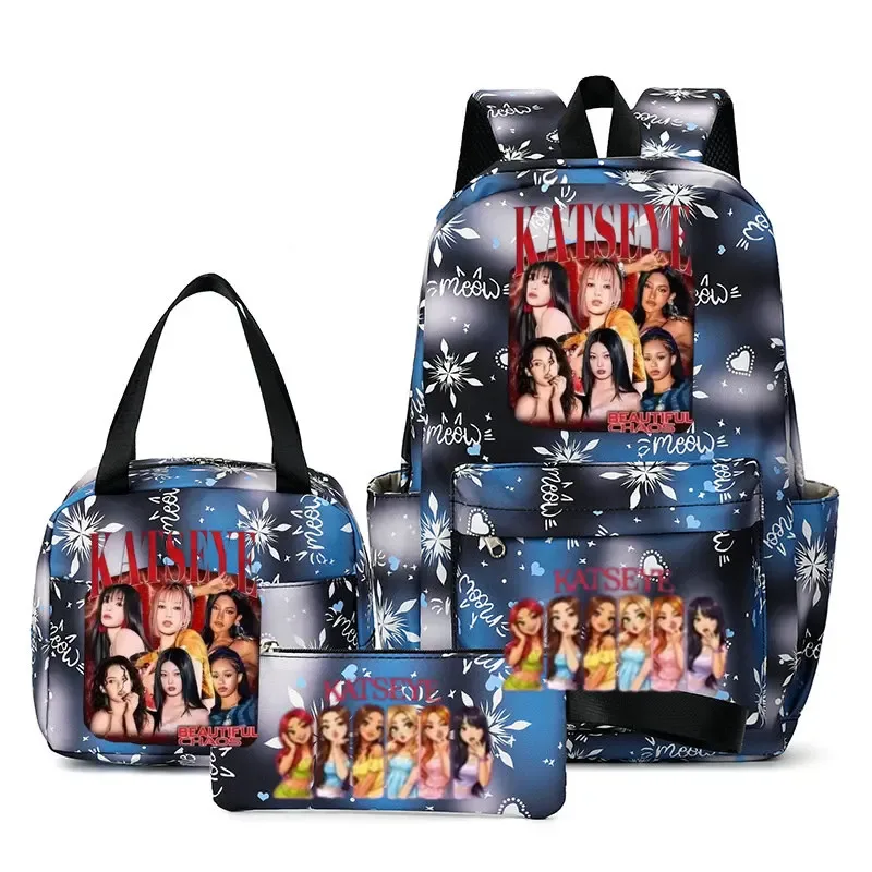 sacs à dos katseye à imprimé amusant, ensemble de 3 pièces, sacs d'école en nylon pour ordinateur portable pour femmes, pour adolescentes, garçons, étudiants, enfants, kawaii